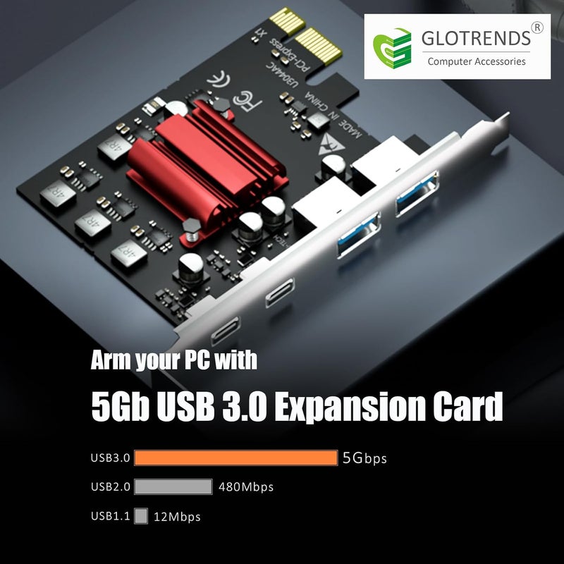 GLOTRENDS بطاقة توسيع PCIe 4-منافذ (2 x Type-C + 2 x Type-A) USB 3.0 بسرعة 5Gbps لمنصات Intel و AMD و ARM، متوافقة مع Windows و Linux (لا تدعم Mac OS) - Image 2